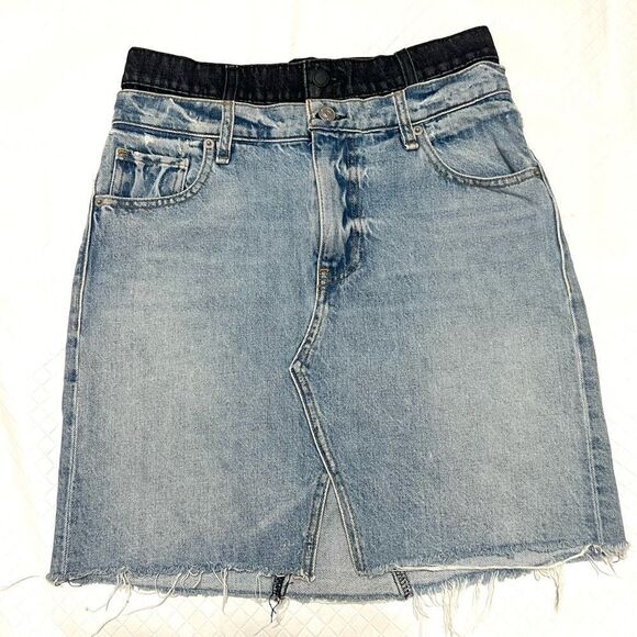 Hudson Jeans Lulu Double Denim Skirt Raw Hem Cotton Coastal Cowgirl Size 27 - Picture 2 of 15